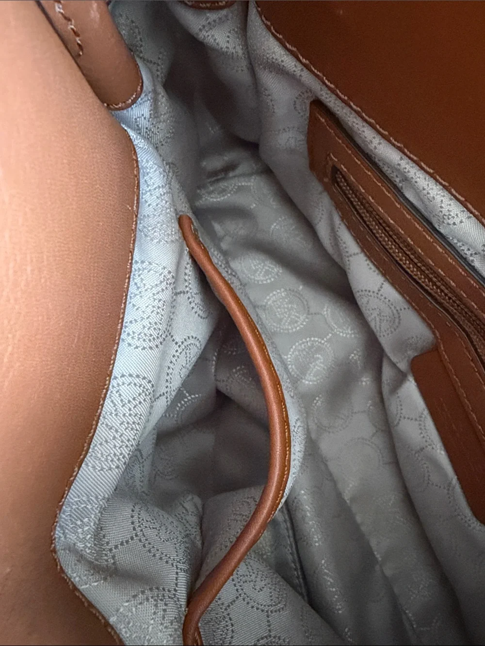 Michael Kors Cream Signature Monogram Satchel with Brown Trim and Gold Hardware